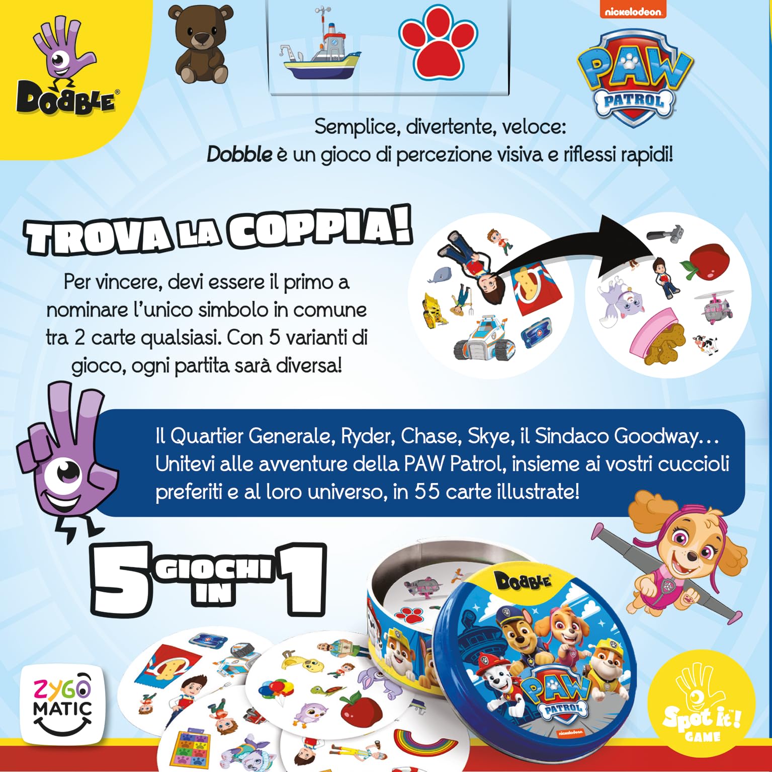 Asmodee Dobble Paw Patrol Blu Gioco di Carte 2-8 giocatori