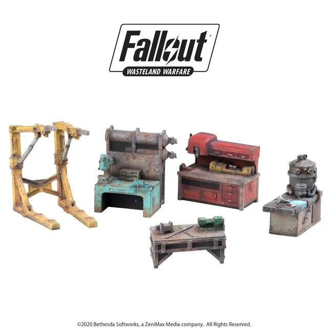 Modiphius Fallout Wasteland Warfare Settlement Work Benches scenico