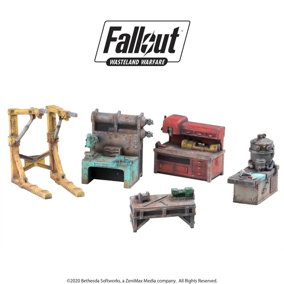 Modiphius Fallout Wasteland Warfare Settlement Work Benches scenico