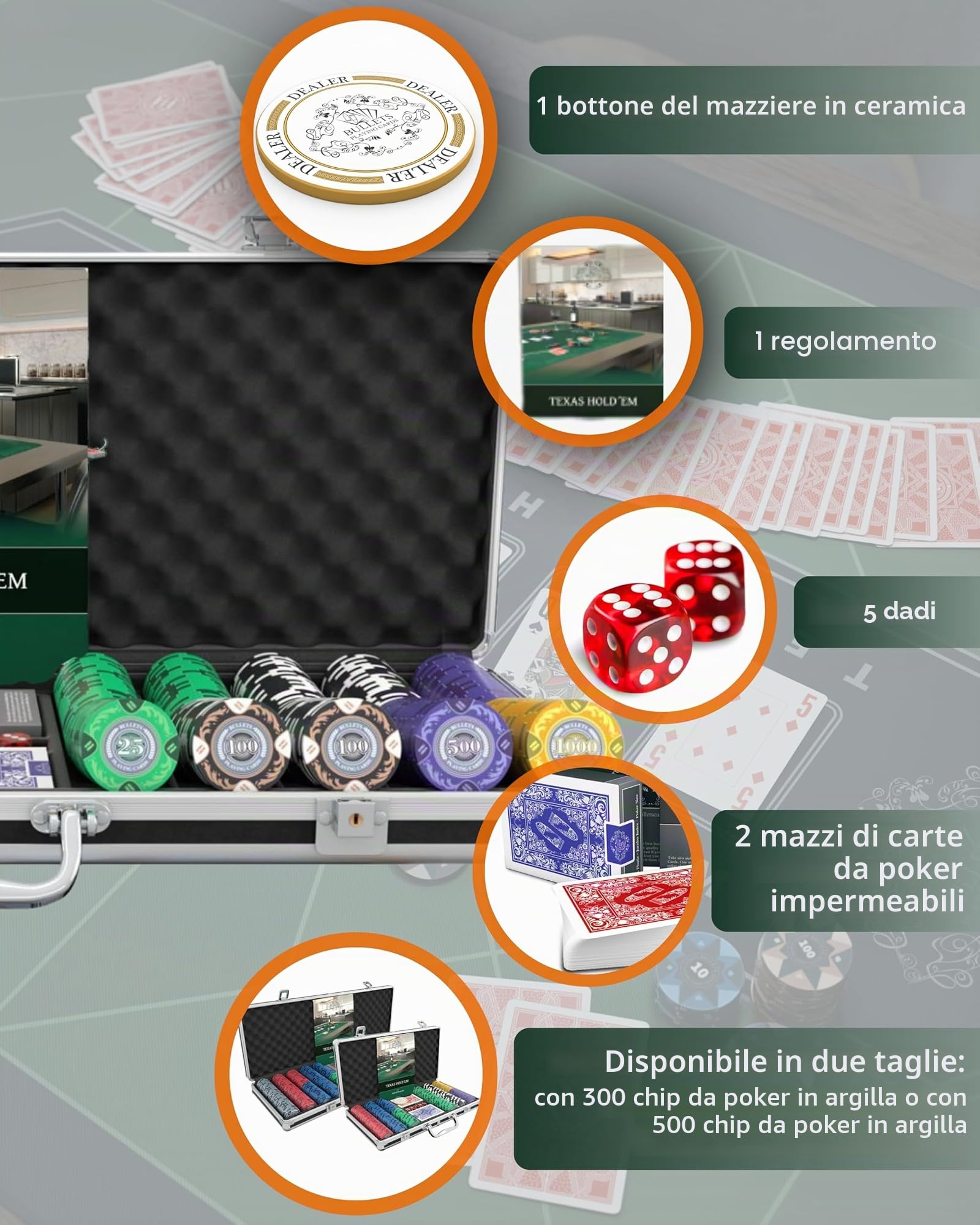 Bullets Tony valigetta poker 500 fiches argilla con carte e dadi