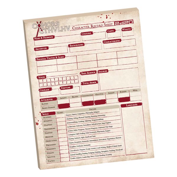 Modiphius Cohors Cthulhu blocco 25 schede personaggio
