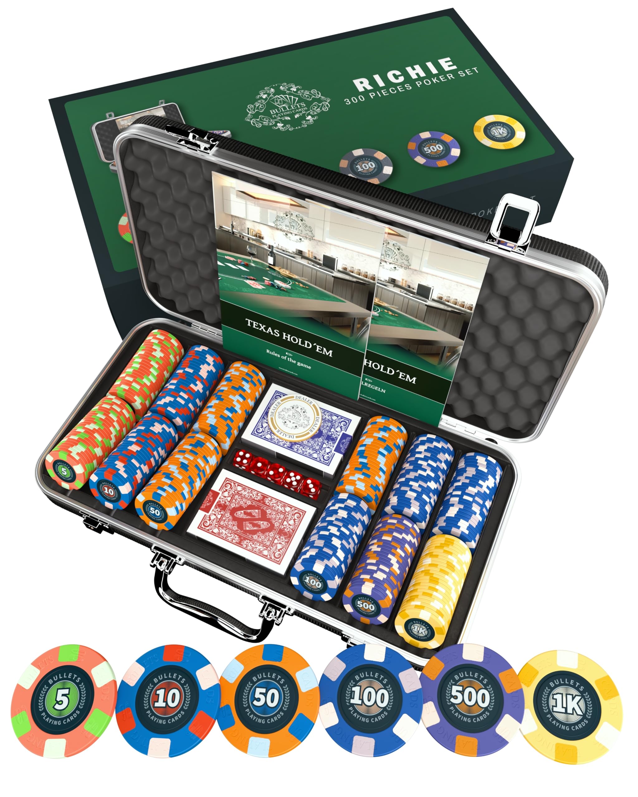 Bullets Custodie e set da poker Richie valigetta 500 chip ceramica