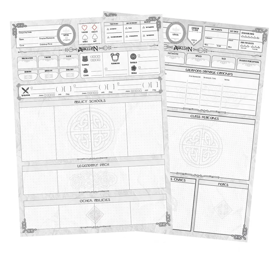 Modiphius Legends of Avallen Faeseeker schede personaggio PDF