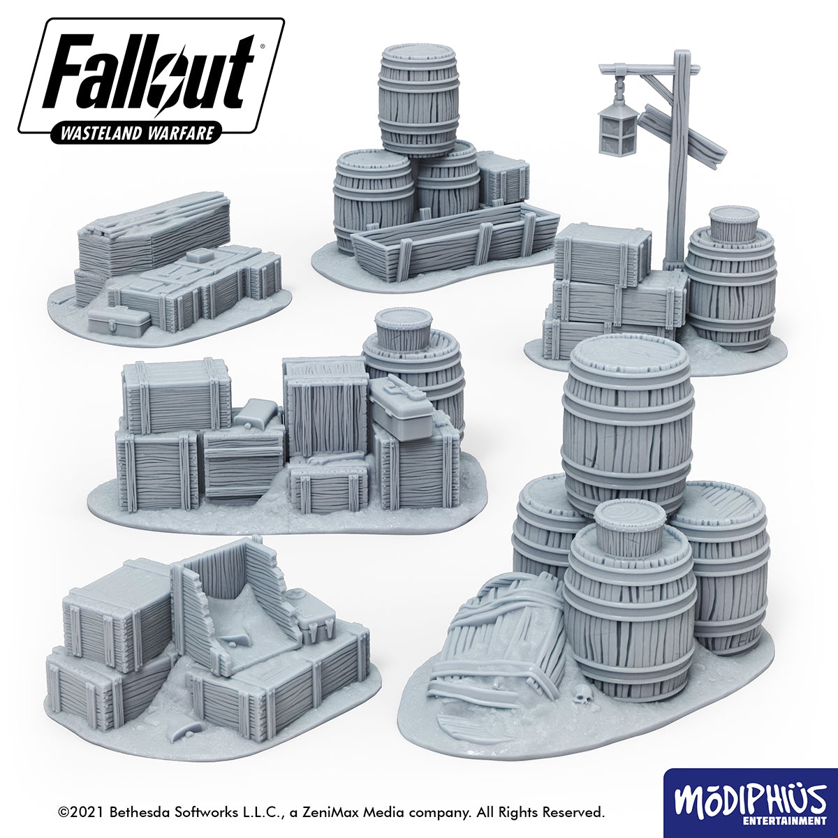 Fallout Wasteland Warfare Barrels Crates Coffins file STL stampa 3D