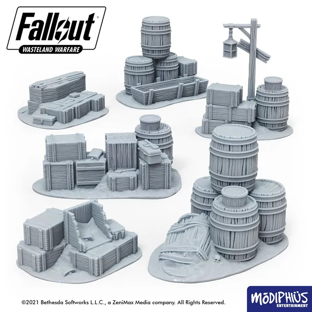 Fallout Wasteland Warfare Barrels Crates Coffins file STL stampa 3D