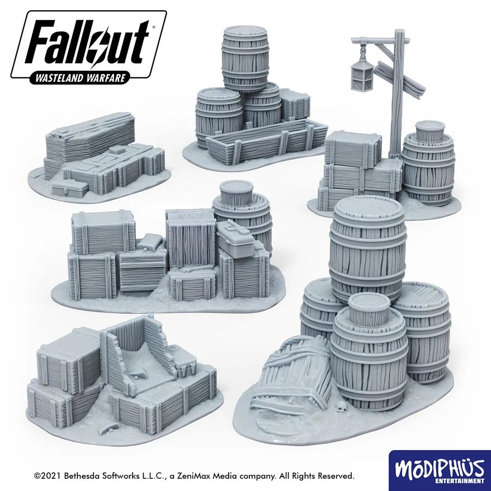 Fallout Wasteland Warfare Barrels Crates Coffins file STL stampa 3D