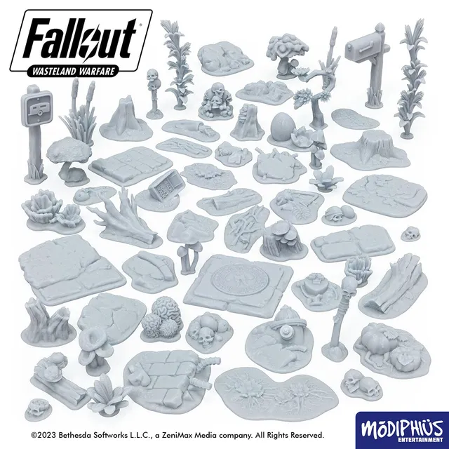 Modiphius Fallout Wasteland Warfare Basing Greebles Bundle file STL 60 pezzi