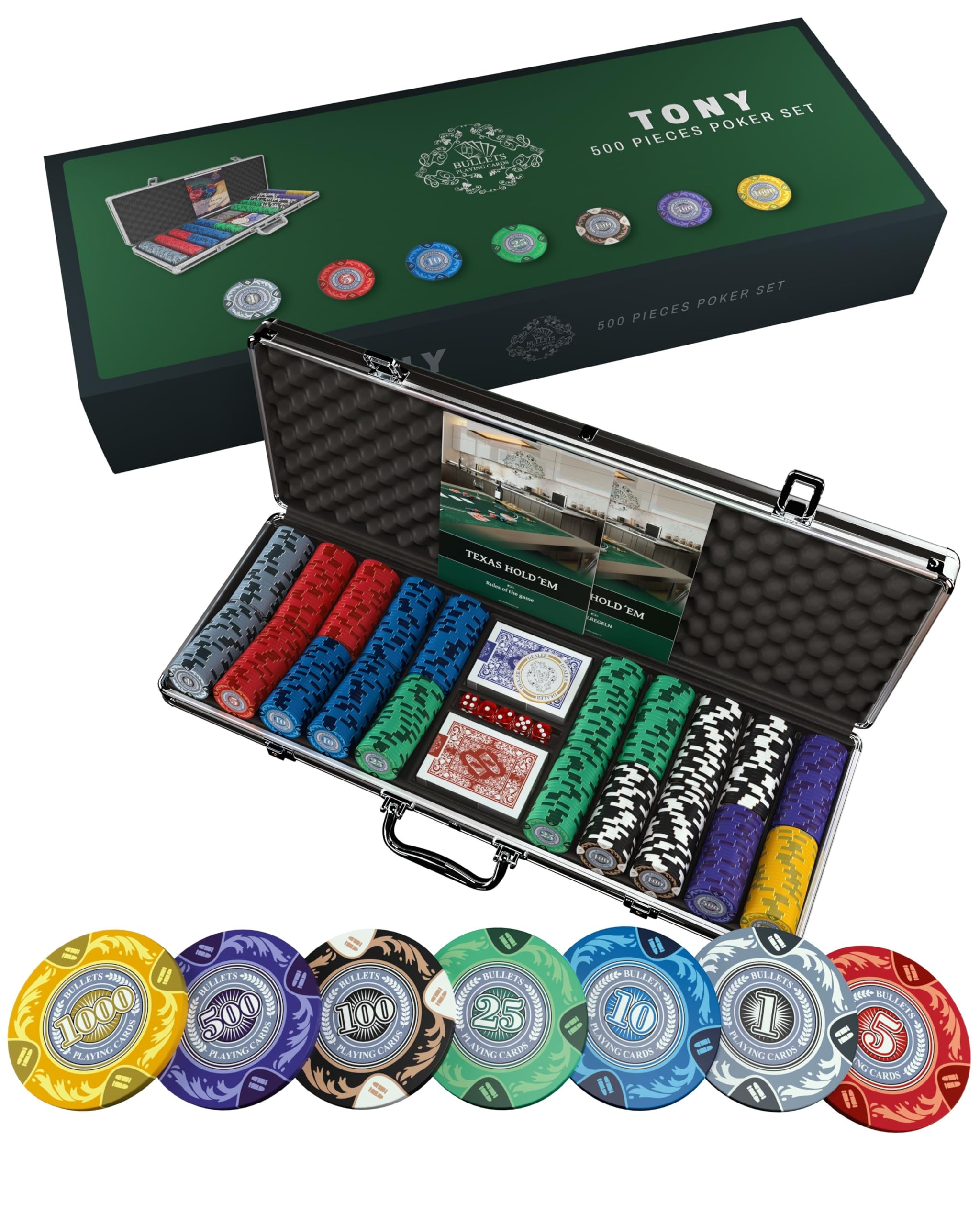Bullets Tony valigetta poker 500 fiches argilla con carte e dadi