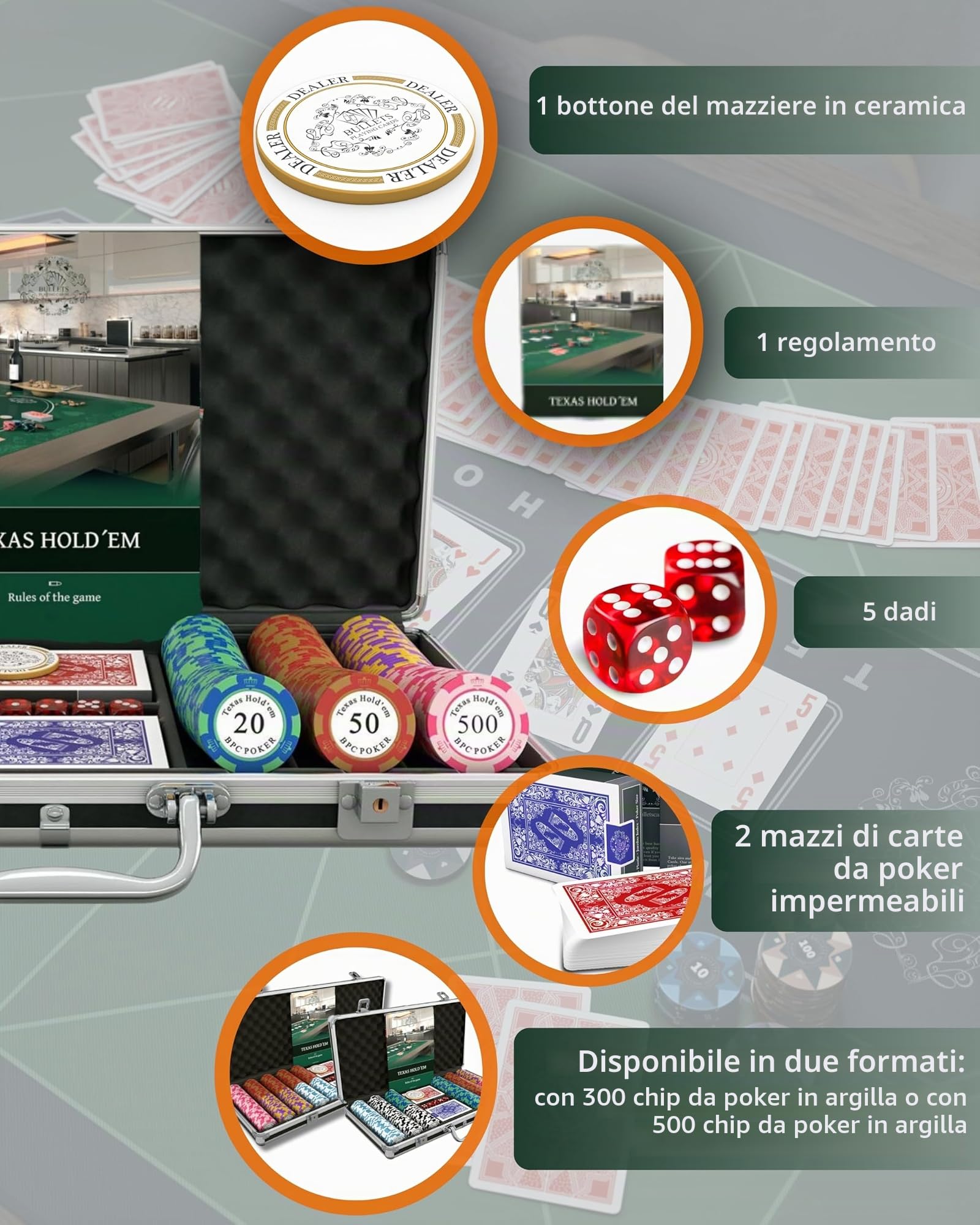 Bullets Playing Cards Set Poker 300 Fiches Clay con Valigetta