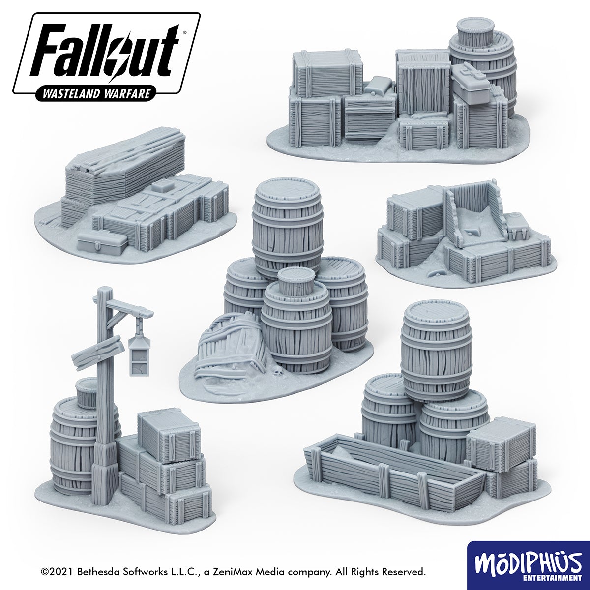 Fallout Wasteland Warfare Barrels Crates Coffins file STL stampa 3D