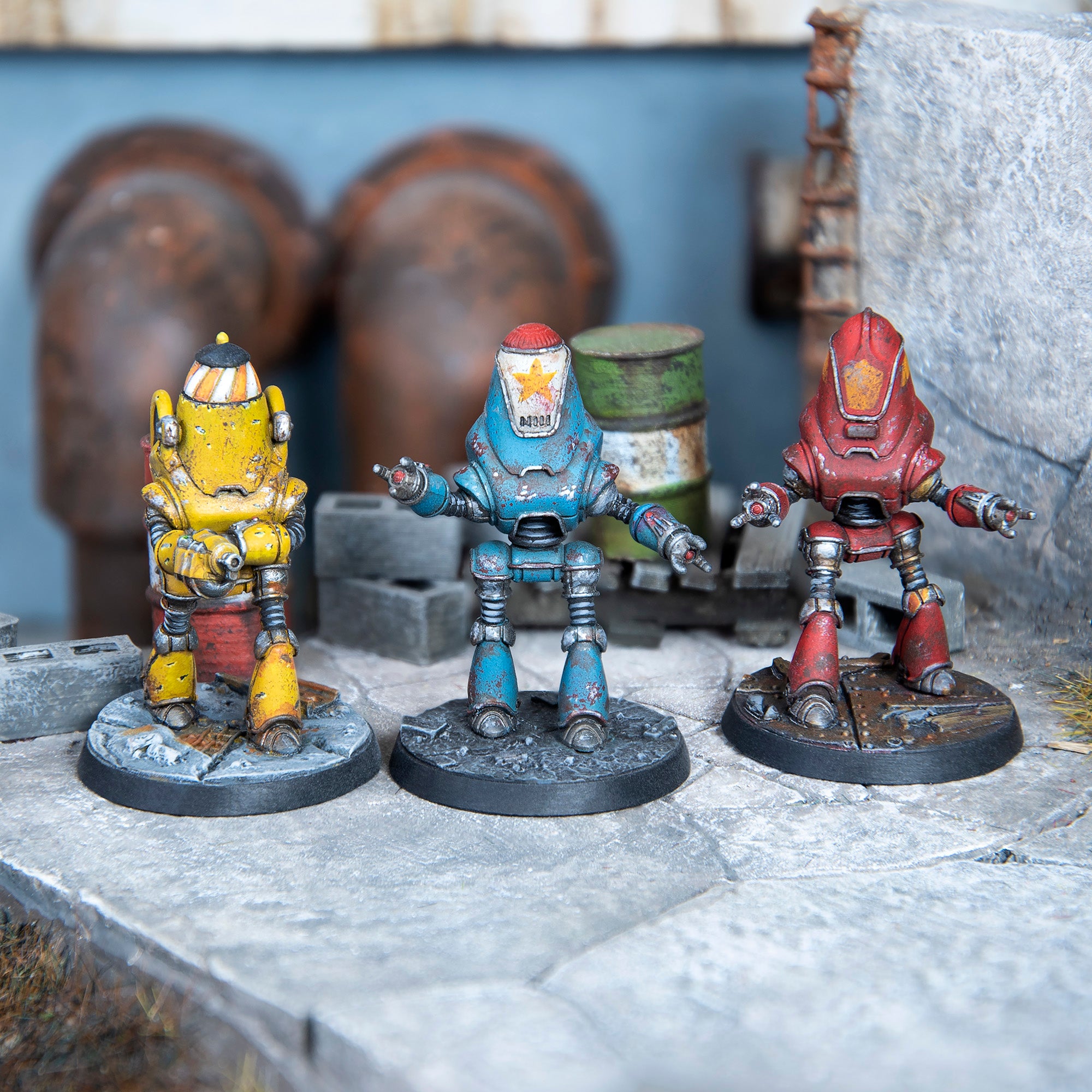 Modiphius Fallout Wasteland Warfare Protectron Workers miniature resina