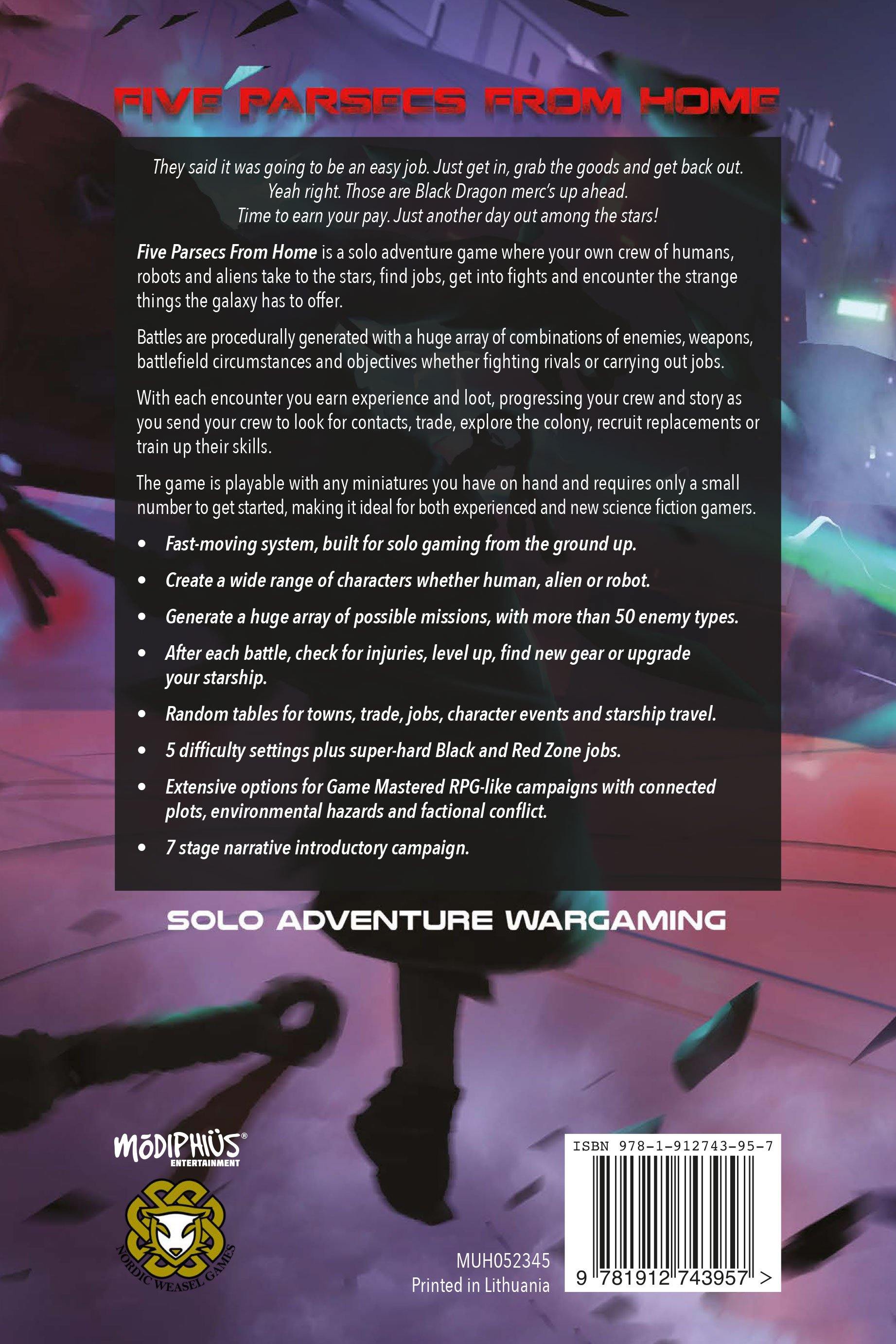 Modiphius Five Parsecs From Home wargame solo PDF 184 pagine