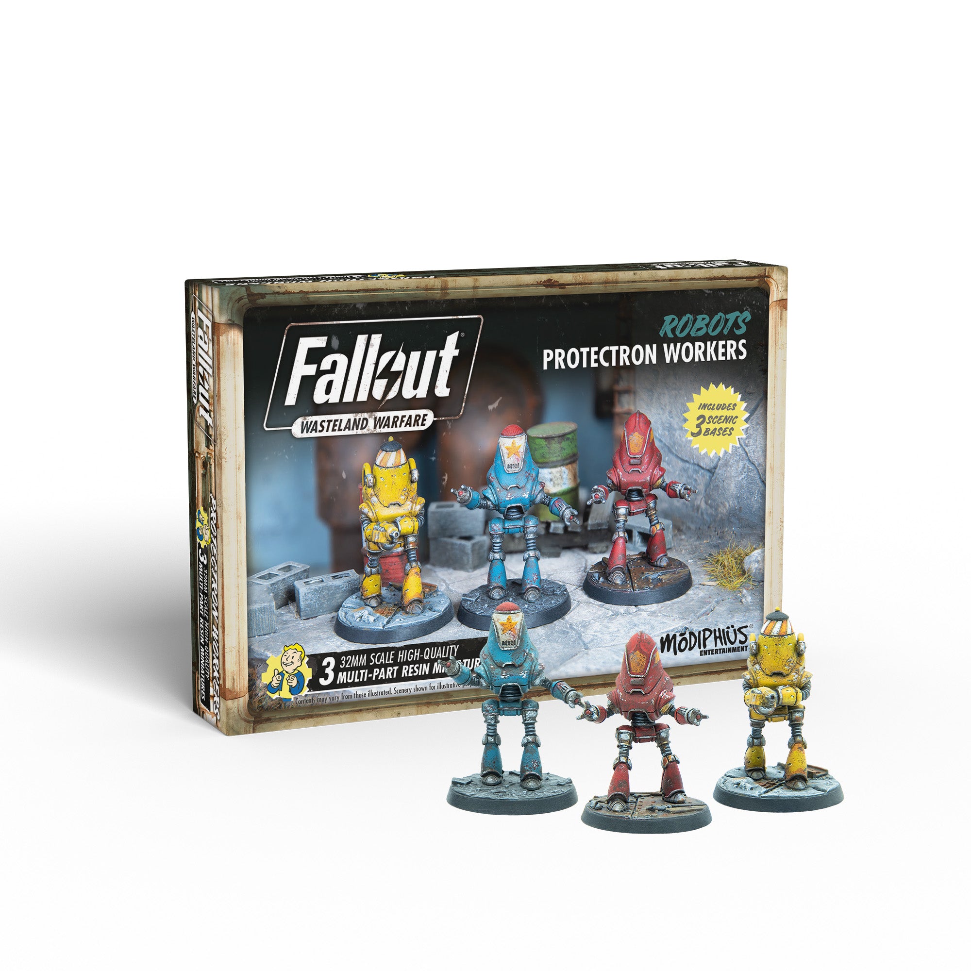 Modiphius Fallout Wasteland Warfare Protectron Workers miniature resina
