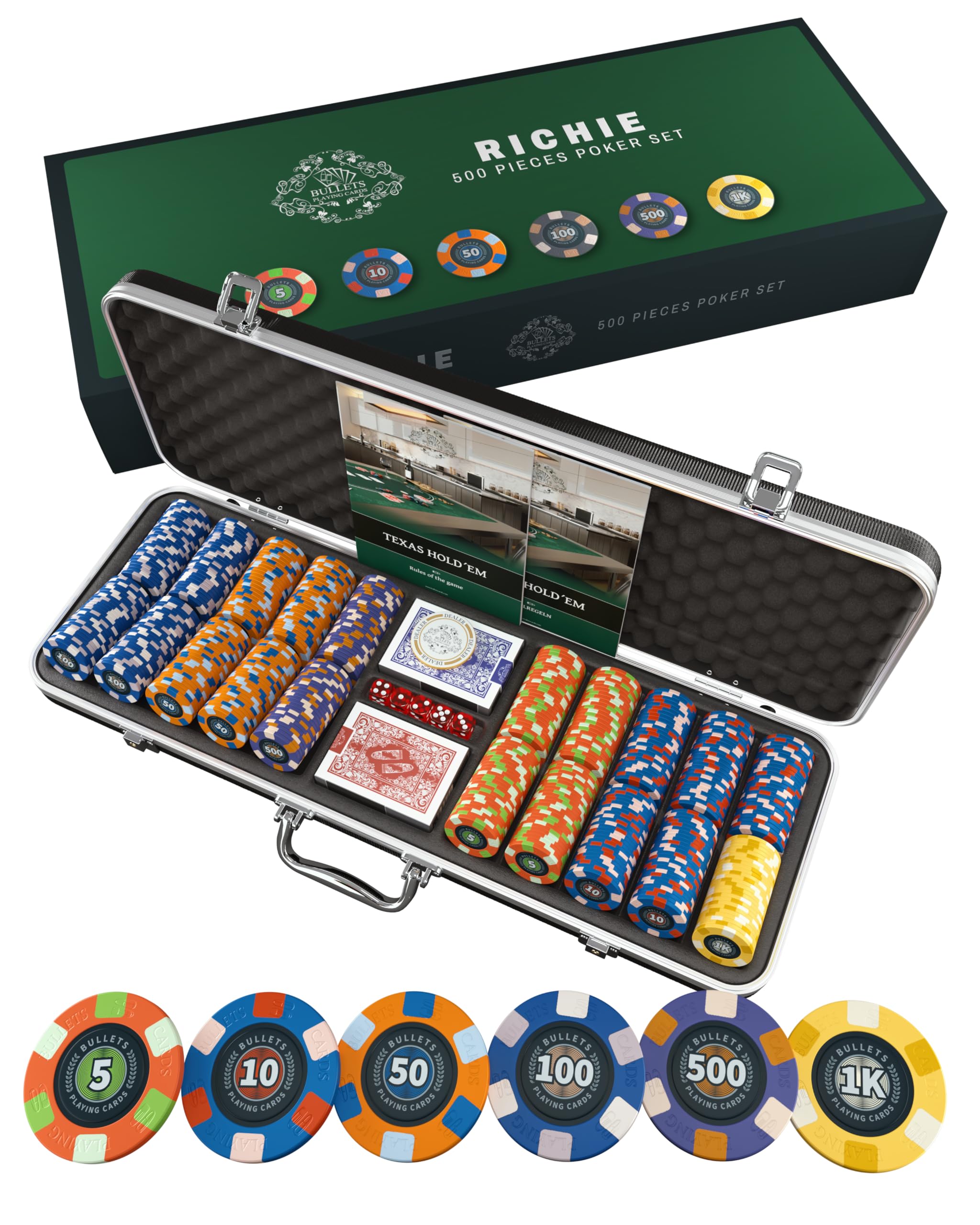 Bullets Custodie e set da poker Richie valigetta 500 chip ceramica