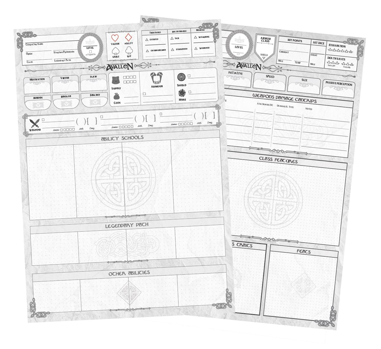 Modiphius Legends of Avallen Faeseeker schede personaggio PDF