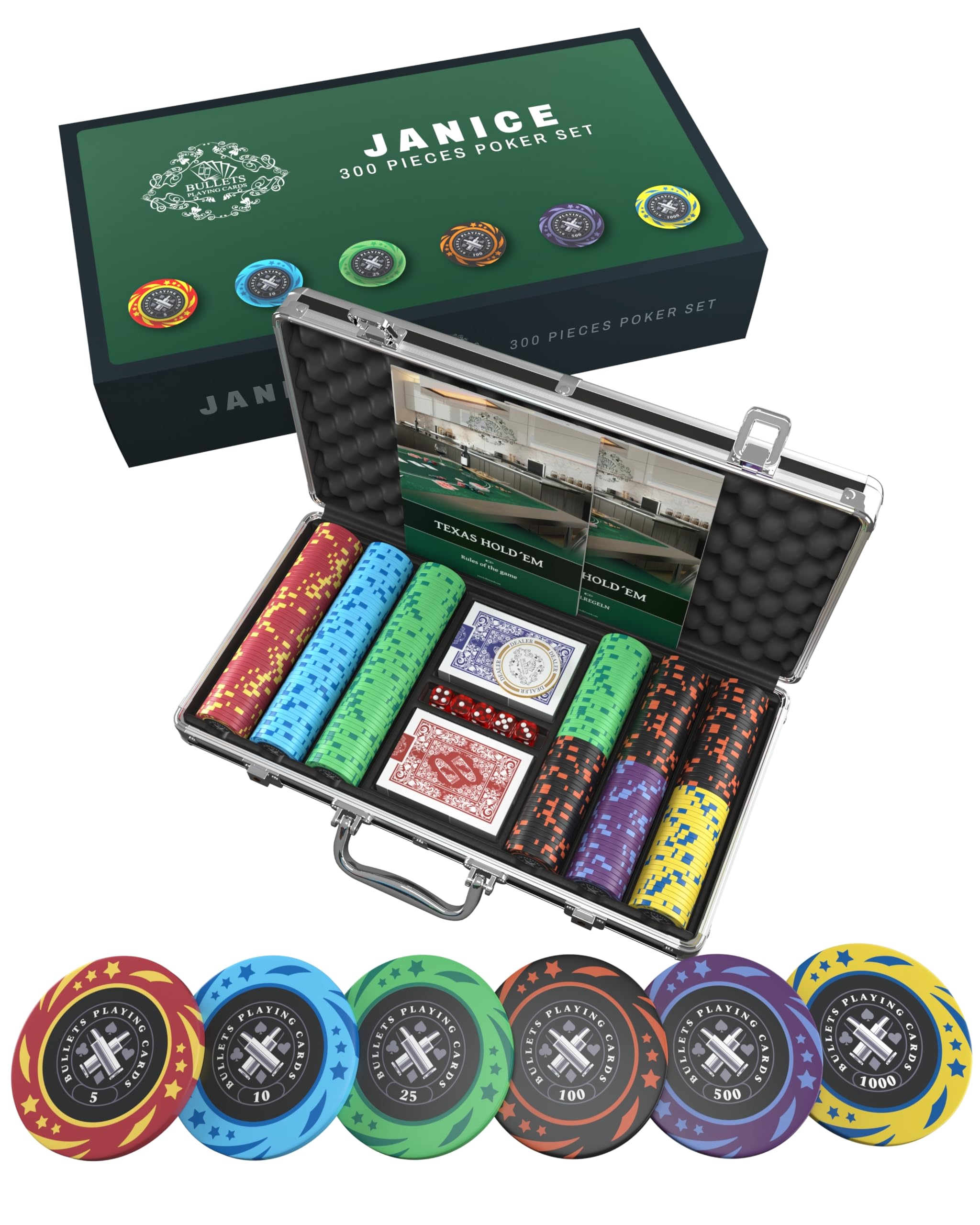 Bullets Janice Set Poker 300 Chips Valigetta Carte Dadi