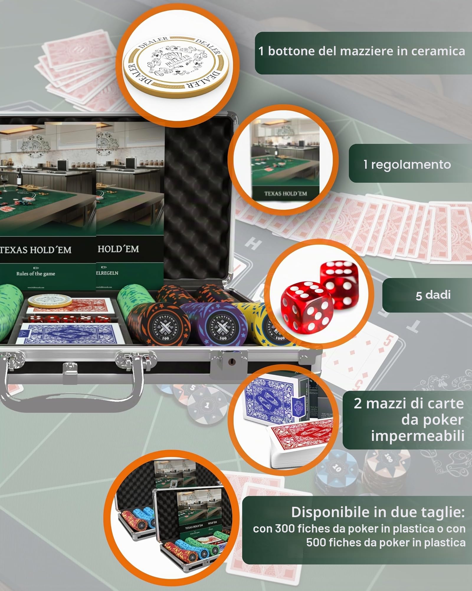 Bullets Janice Set Poker 300 Chips Valigetta Carte Dadi