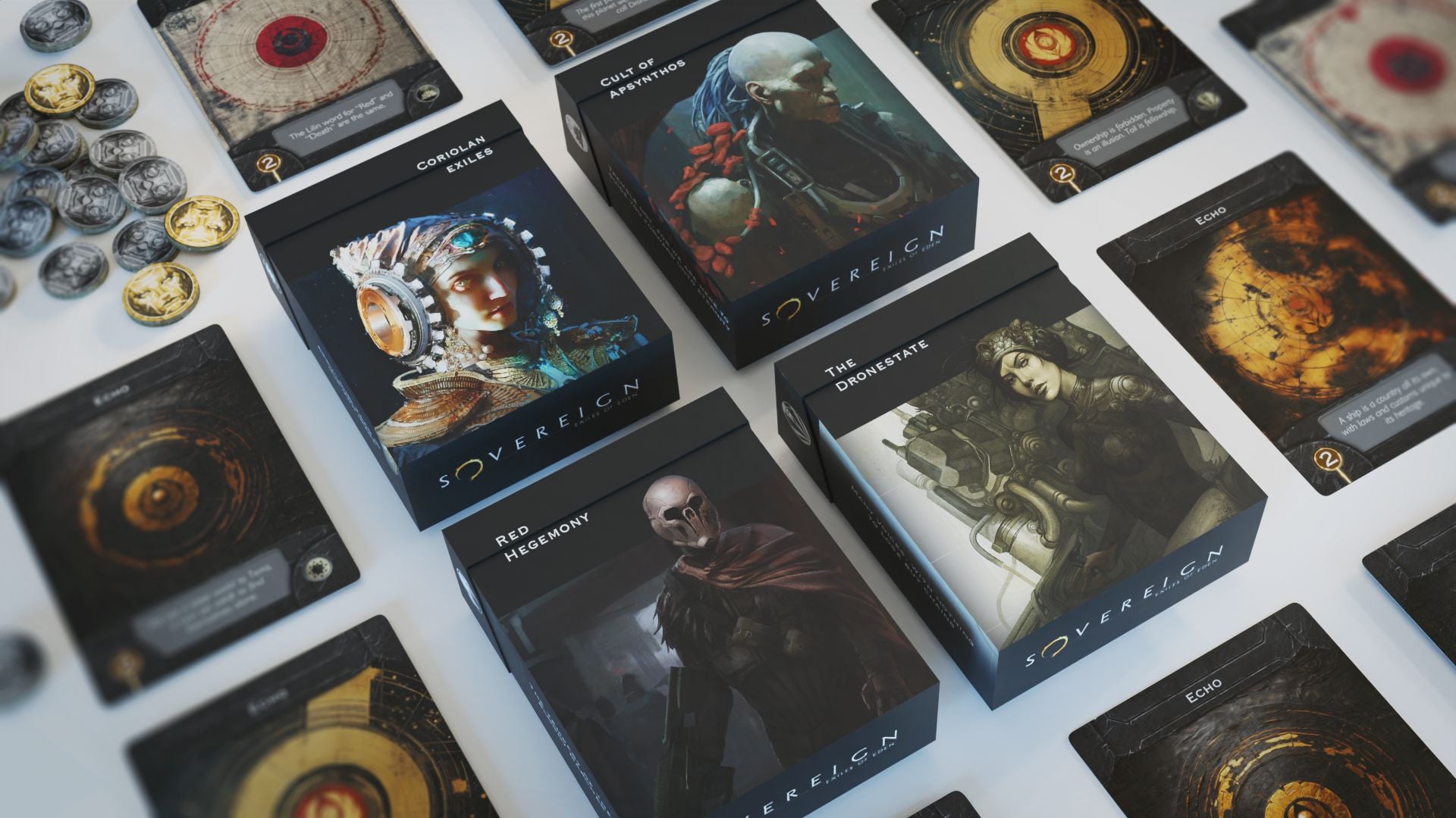 Modiphius Sovereign Exiles of Eden espansione carte 4 fazioni
