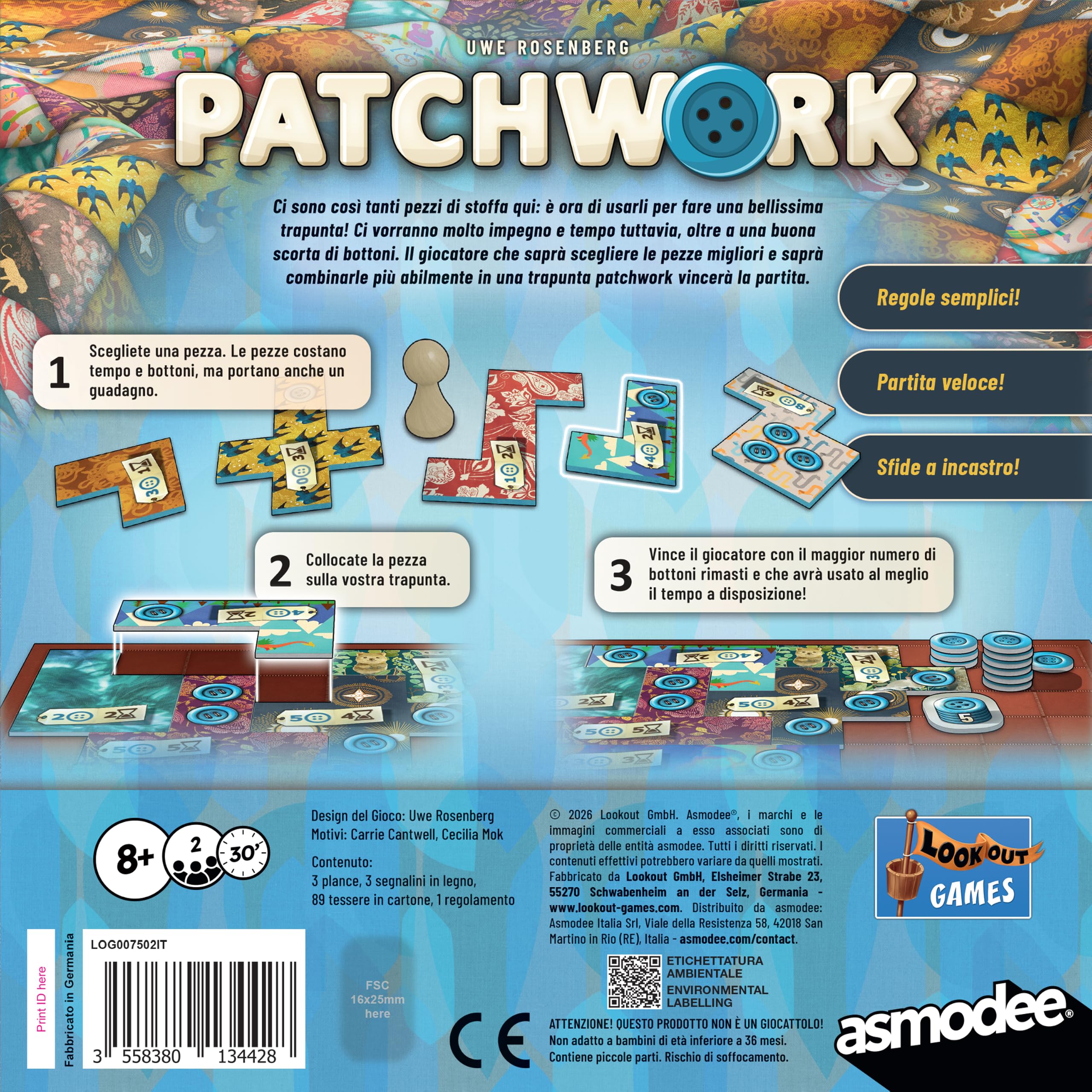 Asmodee Patchwork Nuova Edizione gioco per 2 giocatori